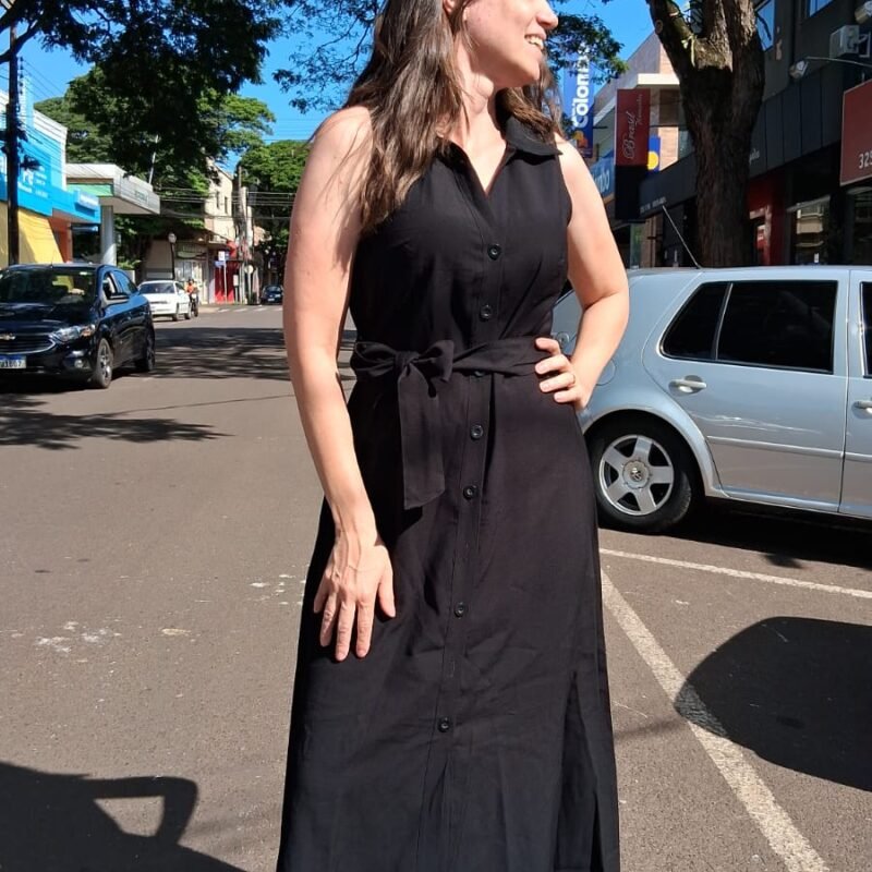 Vestido Longo Preto com Botões e Cinto de Tecido 57488